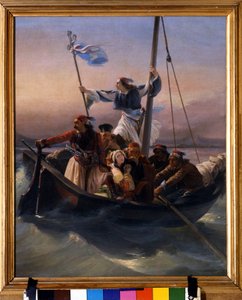 Griechen auf einem Schiff Allegorie Griechenlands auf dem Weg zur Unabhängigkeit nach der osmanischen Herrschaft und dem griechischen Unabhängigkeitskrieg (1821-1830) oder der griechischen Revolution. Gemälde von Ludovico Lipparini (1800-1856) 1848 Verona von Lodovico Lipparini
