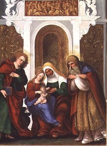 Madonna und Kind mit den Heiligen Anna, Johannes dem Evangelisten und Zacharias oder Madonna und St. Anna der Kirschen von Lodovico Mazzolino