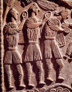 Lombardische Kunst: die weisen Könige, Flachrelief vom Altar des Herzogs Rachis - Skulptur, lombardische Kunst, 737-744 - Cividale del Friuli, Christliches Museum, Schatz der Kathedrale