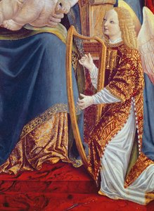 Madonna und Kind mit Engelmusikern, Detail eines Engelmusikers, der die Harfe spielt, ca. 1490-1500