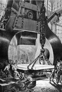 Zeichnung von Leon Benett, aus dem Buch von Jules Verne „Die 500 Millionen der Begum“ - Ausgabe Hetzel/Außergewöhnliche Reisen 1879. Hammer Trommler bei der Arbeit in einer Stahlgießerei.