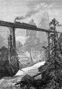Zeichnung von Leon Benett, aus dem Buch von Jules Verne „Die 500 Millionen der Begum“ - Ausgabe Hetzel/Außergewöhnliche Reisen 1879. Dampflok überquert eine kühne Brücke in einer Berglandschaft mit Wildbach