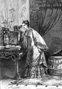 Zeichnung von Leon Benett, aus dem Buch von Jules Verne „Die Leiden eines Chinesen in China“ - Hetzel-Ausgabe / Außergewöhnliche Reisen 1879. Ein junges chinesisches Mädchen hört eine aufgezeichnete Nachricht auf einem Phonographen.