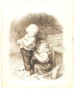Kleines Mädchen repariert die Hose eines Jungen von Lorenz Frølich