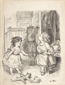 Drei kleine Mädchen in einem Raum streiten und spucken, 1835-1903