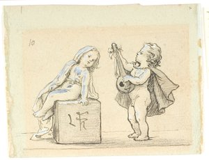 Vignette mit Junge, der Mandoline für ein Mädchen spielt von Lorenz Frølich