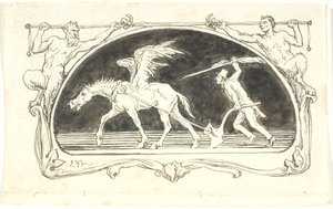 Vignette mit einem erschöpften Pegasus vor einem Pflug, der von einem Mann mit hohem Hut und einer großen Feder angetrieben wird