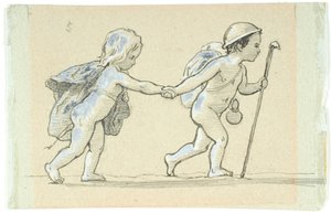 Vignette mit gehendem Jungen und Mädchen, die sich an den Händen halten von Lorenz Frølich