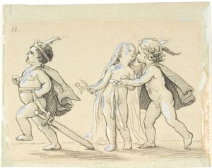 Vignette mit drei Kindern; laufender Junge und Junge und Mädchen, die sich umarmen von Lorenz Frølich