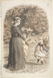 Eine Mutter und zwei Kinder spielen Blindekuh von Lorenz Frølich