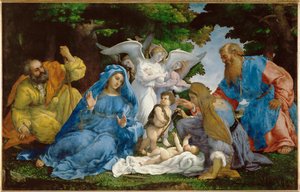 Die Heilige Familie mit drei Engeln, junger Heiliger Johannes von Lorenzo (workshop of) Lotto