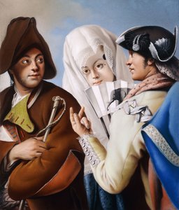 Ein Herr in einer phrygischen Mütze wird von einem Herrn in einem gelben Mantel und einem schwarzen Dreispitz angesprochen, mit einer Dame in einem blauen Brokatkleid und einer weißen Mantilla von Lorenzo Baldissera Tiepolo