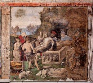 Leben der hl. Cäcilia: Beerdigung von St. Valerian und St. Tiburtius (Fresko) von Lorenzo Costa