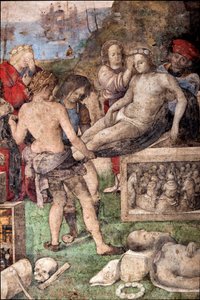 Leben der hl. Cäcilia: Beerdigung von St. Valerian und St. Tiburtius, Detail (Fresko) von Lorenzo Costa