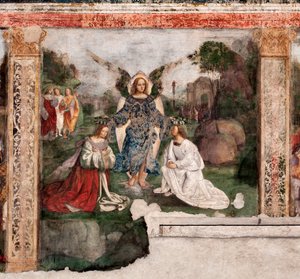 Leben der hl. Cäcilia: die Heilige und St. Valerian gekrönt von einem Engel von Lorenzo Costa