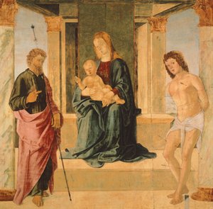 Jungfrau und Kind auf dem Thron mit St. Jakob und St. Sebastian von Lorenzo Costa