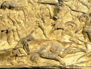 David und Goliath, Detail vom Originalpanel der Osttüren des Baptisteriums, 1425-52 (vergoldete Bronze) (nach der Restaurierung)