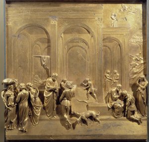 Leben von Jakob und Esau: Esau verkauft sein Erstgeburtsrecht und Isaak segnet Jakob. Originaltafel der Paradiespforte