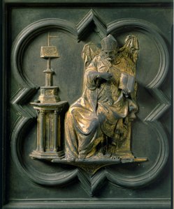 Nordtor (genannt Kreuztor, nach Norden), Außendetail: Augustinus. Bronzeskulptur von Lorenzo Ghiberti