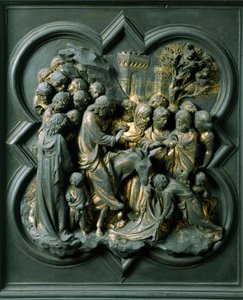 Nordtor (genannt das Kreuztor im Norden), Außendetail: „Der Einzug in Jerusalem“ Bronzeskulptur von Lorenzo Ghiberti von Lorenzo Ghiberti