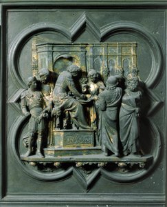 Nordtor (genannt Kreuztor, im Norden), Außendetail: Christus vor Pontius Pilatus. Bronzeskulptur von Lorenzo Ghiberti