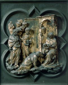Nordtor (genannt Kreuztor, nach Norden), Außendetail: Anbetung der Heiligen Drei Könige. Bronzeskulptur von Lorenzo Ghiberti