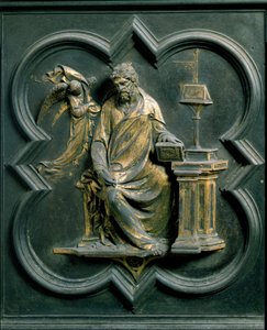 Nordtor (genannt Kreuztor, nach Norden), Außendetail: Heiliger Matthäus. Bronzeskulptur von Lorenzo Ghiberti von Lorenzo Ghiberti