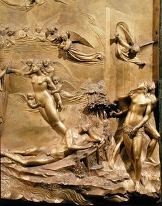 Die Geschichte von Adam, Detail der Erschaffung Evas und der Vertreibung, von einem der Originaltafeln der Osttüren des Baptisteriums von Lorenzo Ghiberti