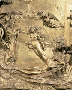 Die Geschichte von Adam, Detail der Erschaffung von Eva, von einem der Originaltafeln der Osttüren des Baptisteriums, 1425-52 (nach Restaurierung)