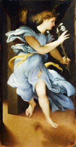 Verkündigungsengel, circa 1525, von Lorenzo Lotto (1480 ca- 1556), Öl auf Holz, 82x42 cm von Lorenzo Lotto