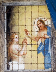 Christus besucht die heilige Barbara im Gefängnis und heilt sie, Detail aus Geschichten der heiligen Barbara von Lorenzo Lotto