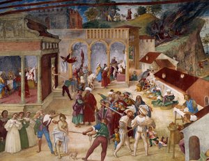 Martyrium der Heiligen Barbara, Freskendetail aus Geschichten der Heiligen Barbara von Lorenzo Lotto