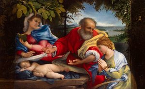 Ruhe auf der Flucht nach Ägypten mit der Heiligen Justina von Lorenzo Lotto