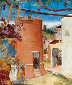 Heilige Barbara im Turm (Detail) von Lorenzo Lotto