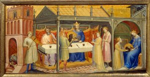 Herodes Bankett: Die Tochter von Herodias (Salome), eingeladen, während des Geburtstags von Herodes zu tanzen, verführt Herodes, der schwört, ihr alles zu geben, was sie verlangt. Sie antwortet auf Anstiftung ihrer Mutter: "Gib mir hier, auf