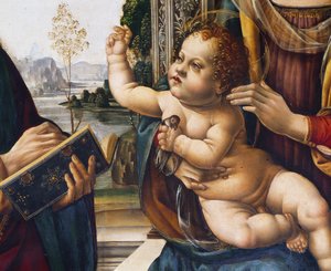 Jesuskind, Detail aus Madonna mit Kind und Heiligen von Lorenzo di Credi