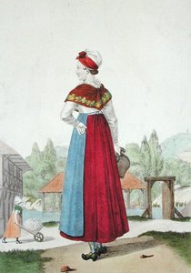 Traditionelle Tracht von Lisieux, graviert von Gatine um 1820 (Farbstich) von Louis Marie (after) Lante