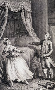 Paar vor dem Bett des Schlafzimmers - in „Les francaises ou 34 examples chosen in the current mores fit to lead daughters, women, wives, mothers“ von Restif de La Bretonne (1734-1806), ill. von Binet, Neufchatel von Louis (after) Binet