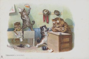 Katzen in einem Klassenzimmer: Der Lehrer döst und die Schüler benehmen sich daneben von Louis (after) Wain
