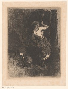 Frau holt Wasser aus einem Brunnen, neben ihr ein sitzendes Kind von Louis Adolphe Hervier (attributed to)
