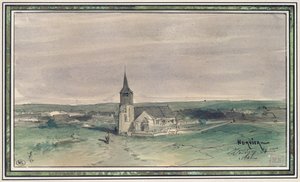 Kirche und Dorf in der Mitte eines Feldes, Montigny, 1866 von Louis Adolphe Hervier
