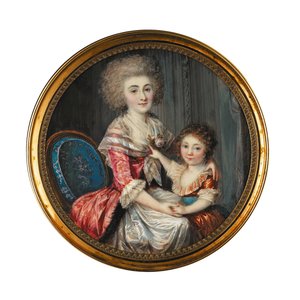 Eine junge Dame namens Madame de Genlis, die ihren jungen Sohn umarmt