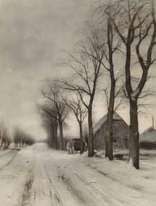 Winterlandschaft mit Bauernhof an einer Allee