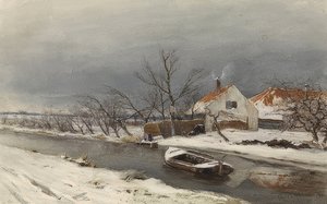 Winterlandschaft mit Häusern und einem Kanal (Winterlandschap met huizen aan een vaart), 1874