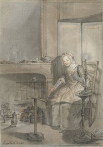 Innenraum mit einer jungen Frau, die Wolle spinnt von Louis Aubert