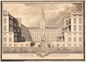 Christiansborg Palais in Kopenhagen. Querschnitt der großen Fassade des Eingangs zum ersten Hof von Louis Auguste Le Clerc