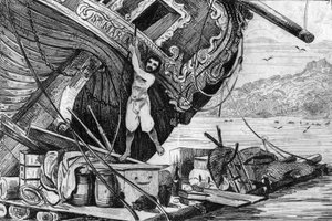 Ich stieg auf mein Floß und setzte mich dann aufs Meer... Gravur nach einer Zeichnung von M. de Sainson für das Buch von Daniel Defoe „Robinson Crusoe“, französische Ausgabe von 1837. von Louis Auguste de Sainson