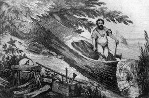 Ich grub es ohne die Hilfe von Feuer. Gravur nach der Zeichnung von M. de Sainson für das Buch von Daniel Defoe „Robinson Crusoe“ französische Ausgabe von 1837.