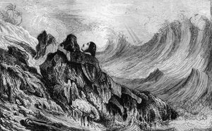 Ich beschloss, mich an einem Felsen festzuhalten... Gravur nach einer Zeichnung von M. de Sainson für das Buch von Daniel Defoe „Robinson Crusoe“, französische Ausgabe von 1837.