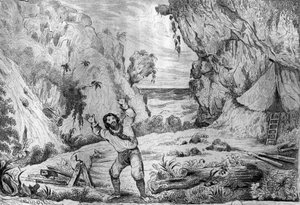 Dreimal bebte der Boden unter meinen Füßen, Gravur nach einer Zeichnung von M. de Sainson für das Buch von Daniel Defoe „Robinson Crusoe“, französische Ausgabe von 1837.